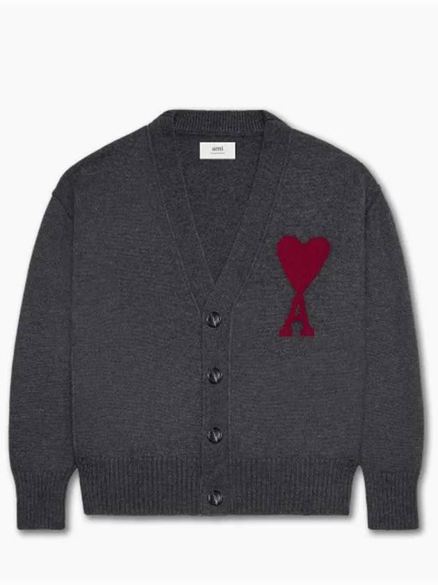 Heart Logo V Neck Wool Cardigan Heather Grey - AMI - BALAAN 2