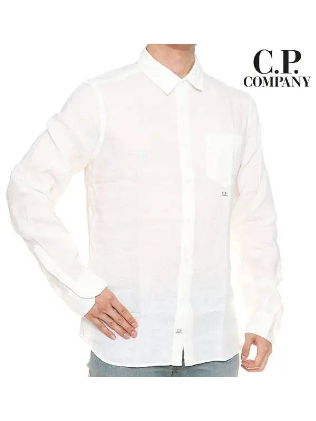 Men's Embroidered Logo Linen Long Sleeve Shirt White - CP COMPANY - BALAAN.