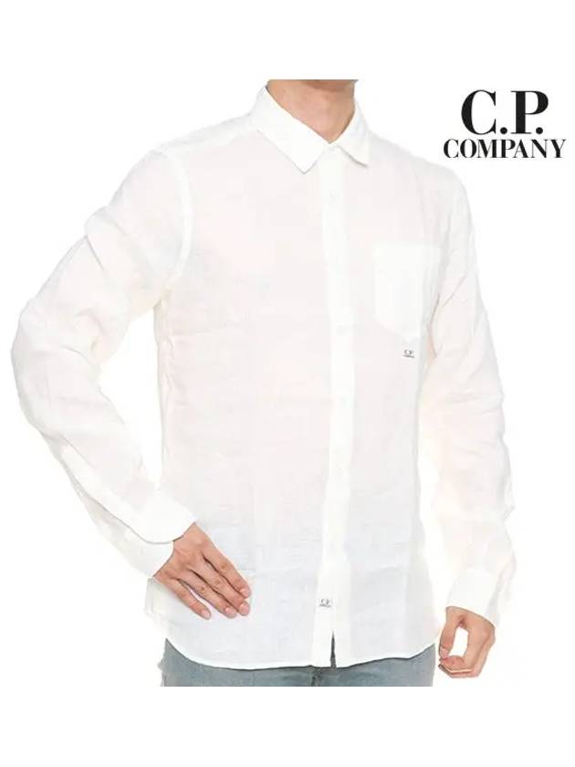 Men's Embroidered Logo Linen Long Sleeve Shirt White - CP COMPANY - BALAAN 2