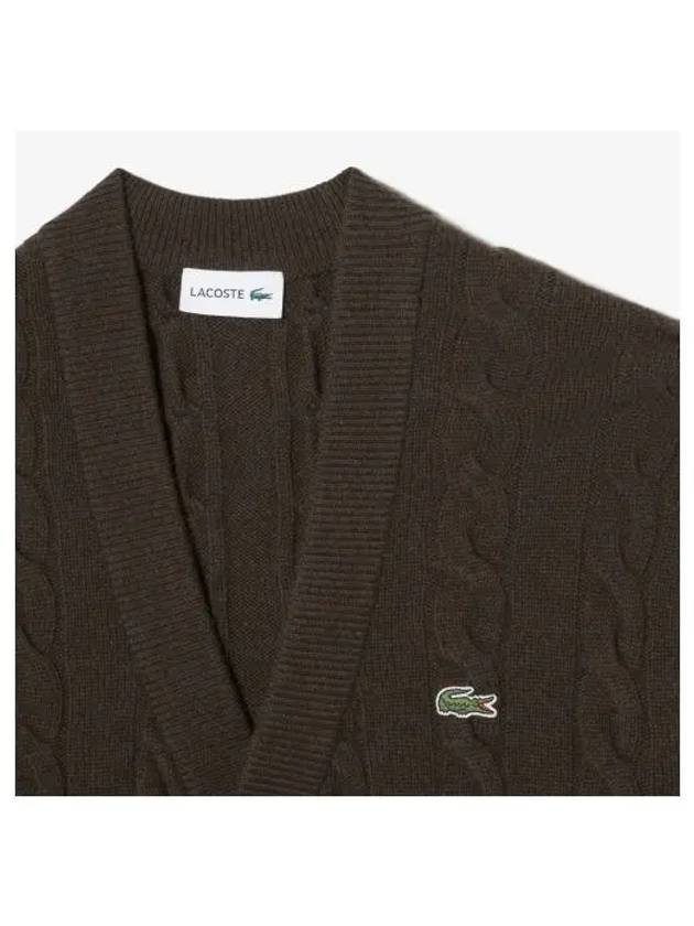 Men's Cable V Neck Cardigan Brown - LACOSTE - BALAAN 1