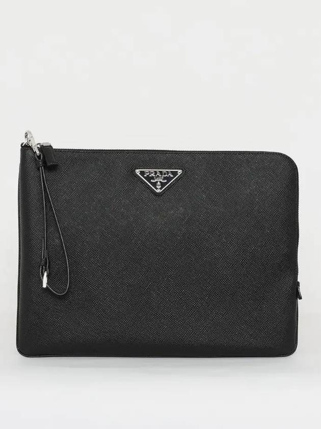 Triangle Logo Large Saffiano Clutch Bag Black - PRADA - BALAAN 3