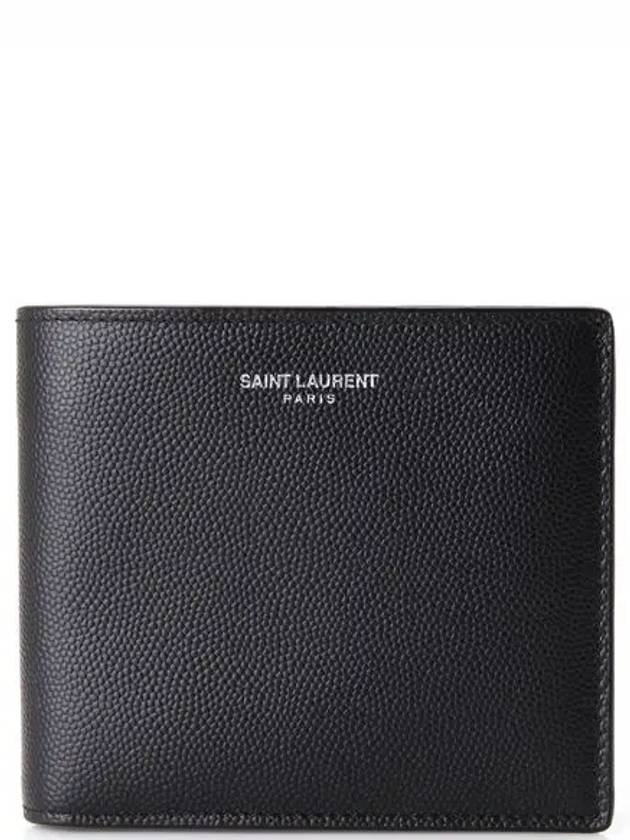 Classic Logo Textured Leather Half Wallet Black - SAINT LAURENT - BALAAN 2