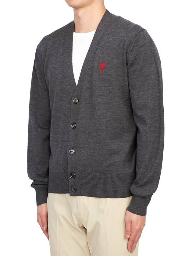 Red Heart Logo Merino Wool Cardigan Heather Grey - AMI - BALAAN 3