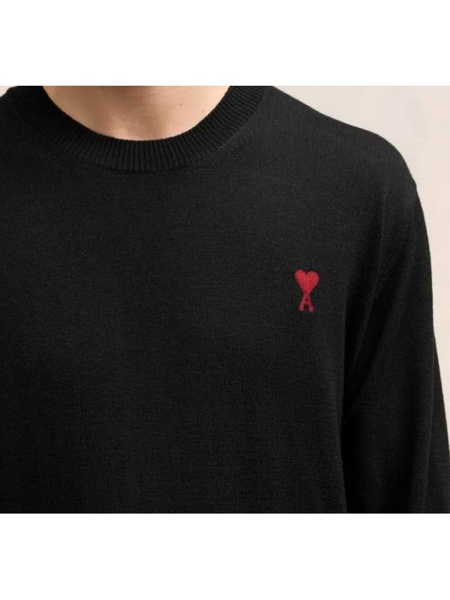 Heart Embroidered Logo Crew Neck Knit Top Black - AMI - BALAAN 5