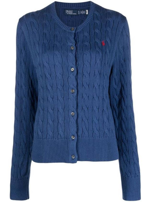 Women's Embroidered Logo Pony Cable Cardigan Blue - POLO RALPH LAUREN - BALAAN 1