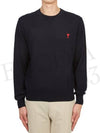 Heart Embroidered Logo Crew Neck Knit Top Navy - AMI - BALAAN 4