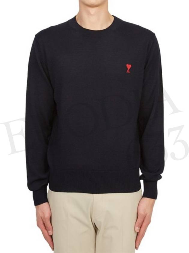 Heart Embroidered Logo Crew Neck Knit Top Navy - AMI - BALAAN 4