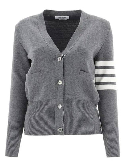 Milano Stitch 4 Bar Classic V Neck Fine Merino Wool Cardigan Medium Grey - THOM BROWNE - BALAAN 2