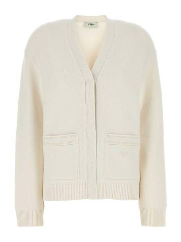 Embroidered Logo Cashmere Cardigan White - FENDI - BALAAN 1