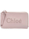 Embroidered Logo Shiny Calf Skin Zipper Card Wallet Pink - CHLOE - BALAAN 3