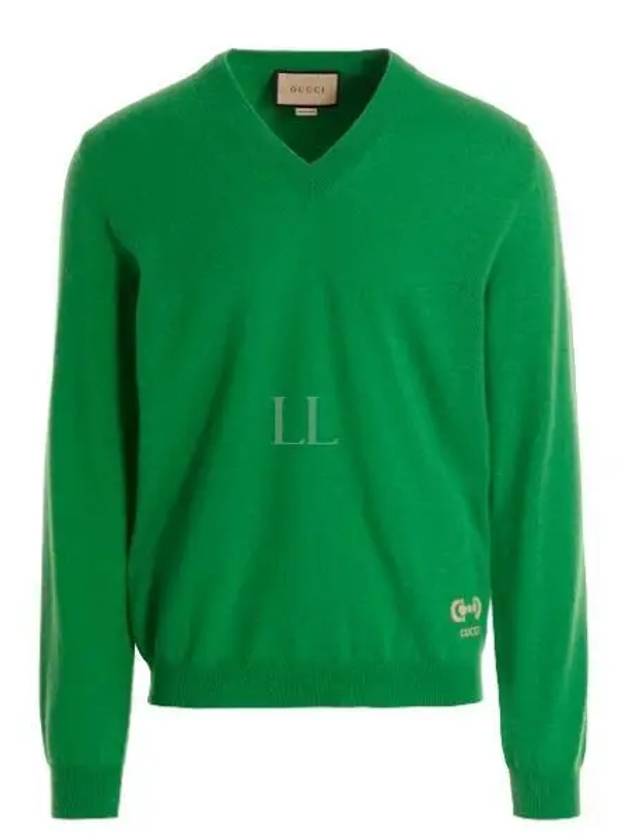 Men's Cashmere Embroidered Logo V-Neck Knit Top Green - GUCCI - BALAAN 2