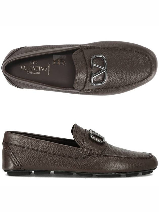 V logo signature leather loafers dark brown - VALENTINO - BALAAN.