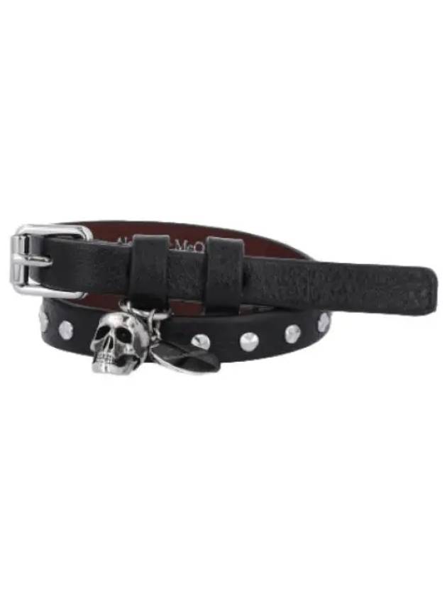 Men's Silver Skull Stud Double Leather Bracelet Black - ALEXANDER MCQUEEN - BALAAN 2