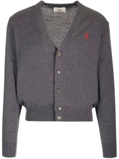 Red Heart Logo Merino Wool Cardigan Heather Grey - AMI - BALAAN 2