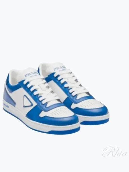 Men's Downtown Triangle Logo Leather Sneakers White Cobalt Blue - PRADA - BALAAN