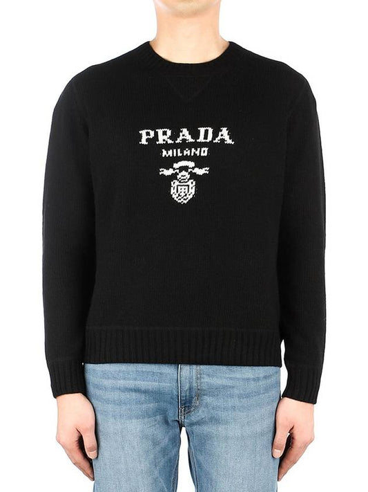 Embroidered Logo Wool Cashmere Crew Neck Knit Top Black - PRADA - BALAAN 2