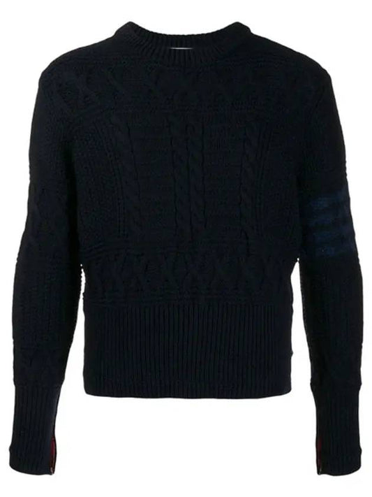 Men's Navy Aran Cable Classic Crew Neck Knit - THOM BROWNE - BALAAN.