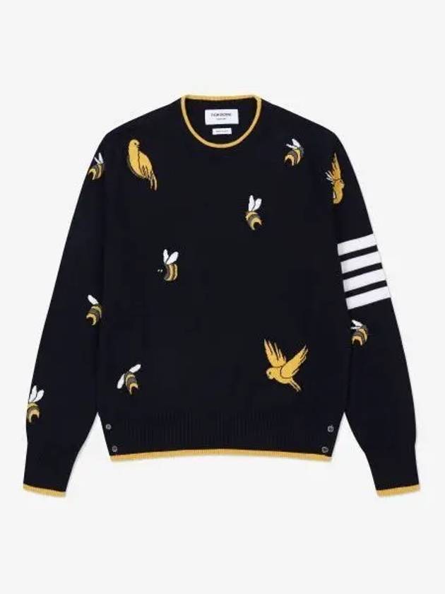 Cotton Merino Birds & Bees Intrasia 4 Bar Crew Neck Pullover Knit Top Navy - THOM BROWNE - BALAAN 2