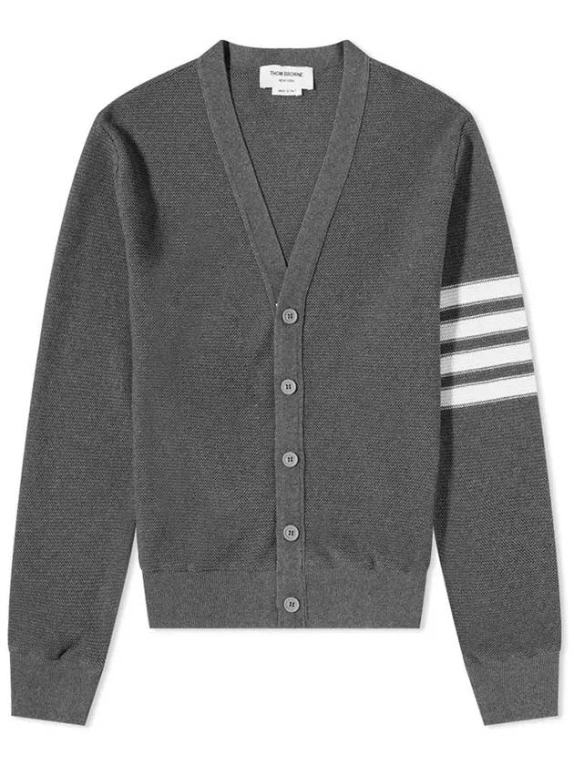 4 Bar Open Raschel Stitch V Neck Cardigan Grey - THOM BROWNE - BALAAN 2