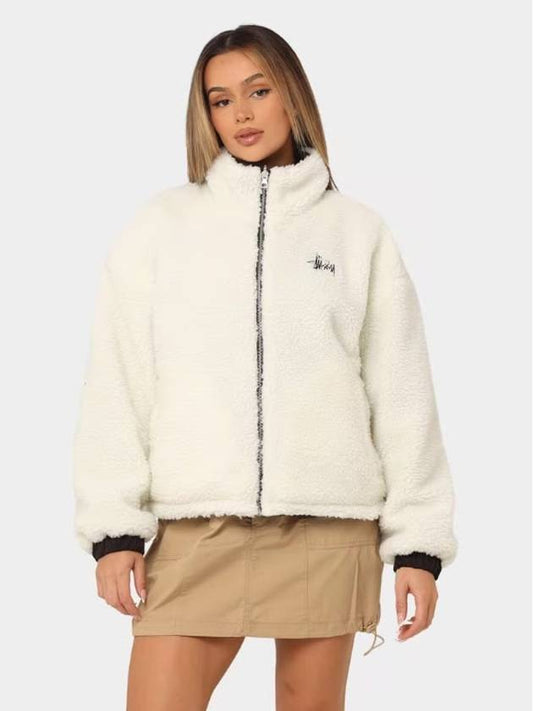 Women's Sherpa Reversible Work Zip-Up Jacket White Black - STUSSY - BALAAN 2