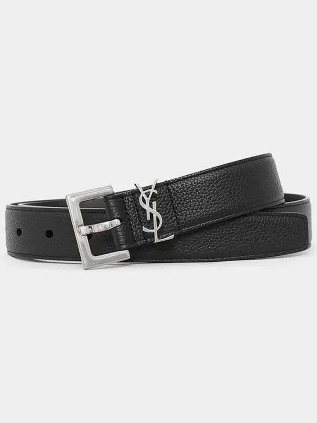 Grained Leather Silver Monogram Belt Black - SAINT LAURENT - BALAAN 4