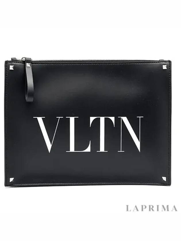 Men's Logo Print Leather Clutch Bag Black - VALENTINO - BALAAN.