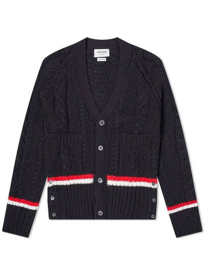 Men's Striped Aran Cable V-Neck Cardigan Navy - THOM BROWNE - BALAAN 2