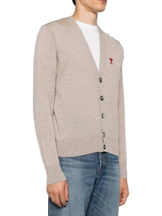 Red Heart Logo Merino Wool Cardigan Beige - AMI - BALAAN 3