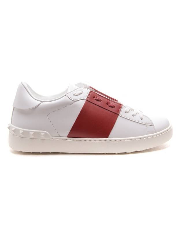 Men's Rockstude Open Leather Low Top Sneakers White Red - VALENTINO - BALAAN 1