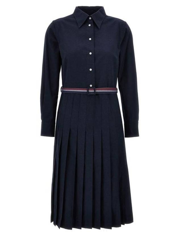 Stripe Flannel Pleated Bottom Belted Cotton Midi Dress Navy - THOM BROWNE - BALAAN 2