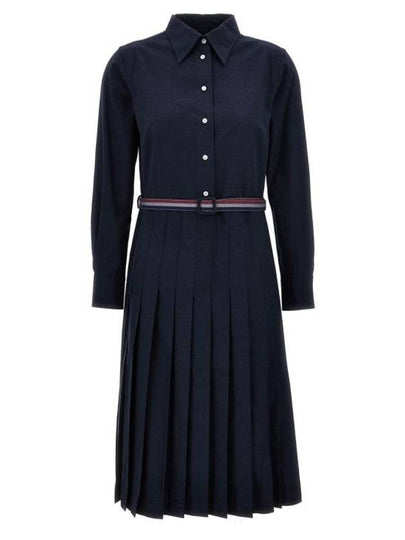 Stripe Flannel Pleated Bottom Belted Cotton Midi Dress Navy - THOM BROWNE - BALAAN 2