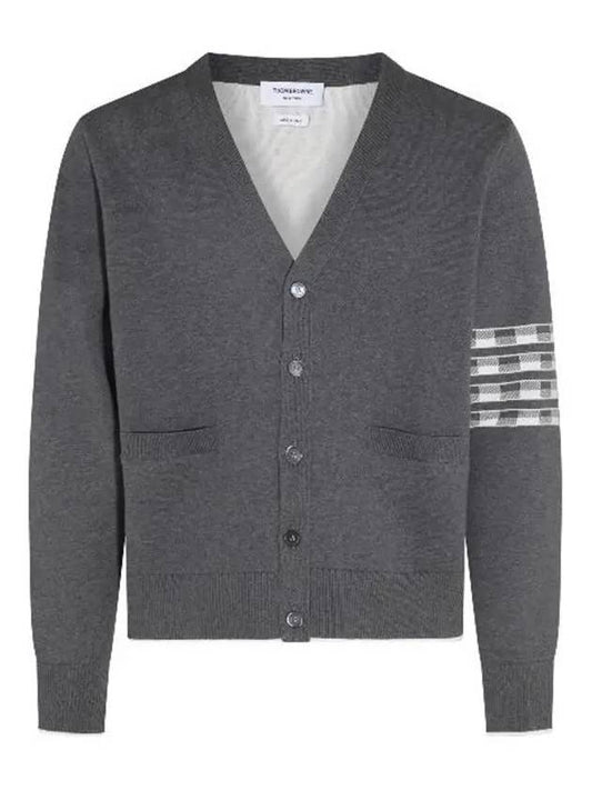 4-Bar V-Neck Hector Jacquard Cotton Cardigan Grey - THOM BROWNE - BALAAN 2