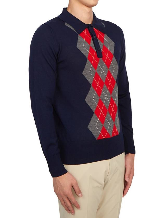 Argyle Check Merino Wool Long Sleeve Polo Shirt Navy - AMI - BALAAN 4