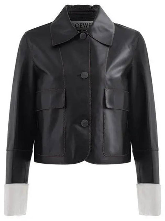 Women's Cropped Leather Jacket Black - LOEWE - BALAAN 2