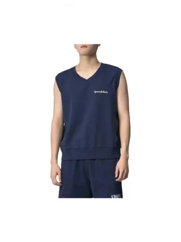 Logo Print Short Sleeve Cotton Knit Top Navy - SPORTY & RICH - BALAAN 2