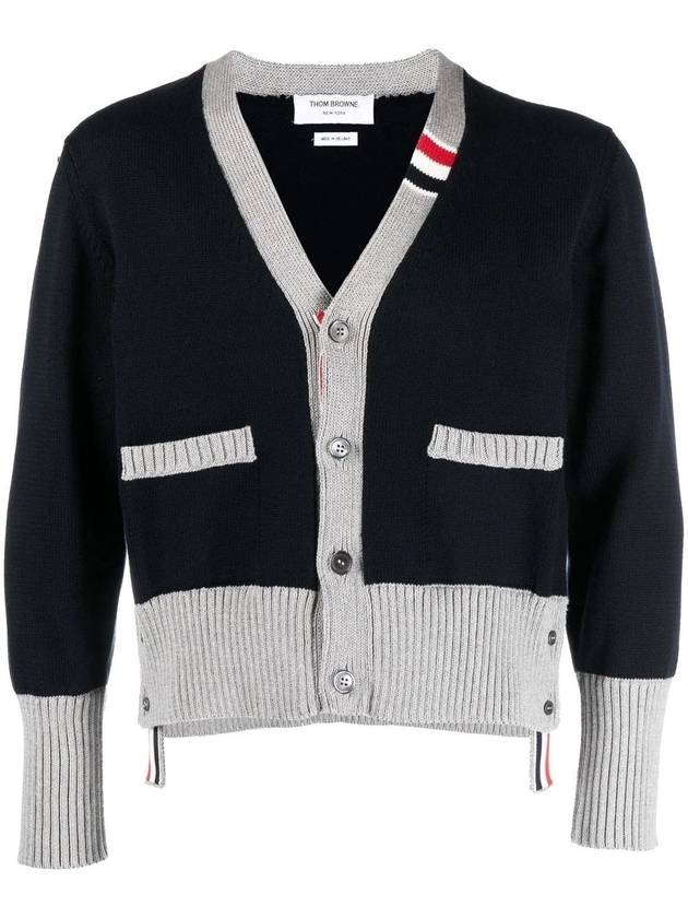 THOM BROWNE Three Stripe V Neck Cotton Cardigan Navy MKC466A Y3017 415 - THOM BROWNE - BALAAN