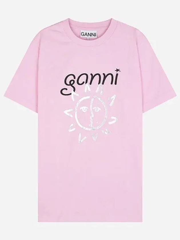 Logo Print Organic Cotton Short Sleeve T-Shirt Pink - GANNI - BALAAN 2