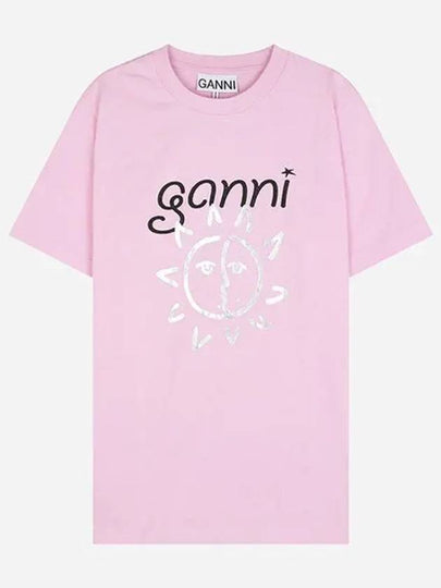 Logo Print Organic Cotton Short Sleeve T-Shirt Pink - GANNI - BALAAN 2