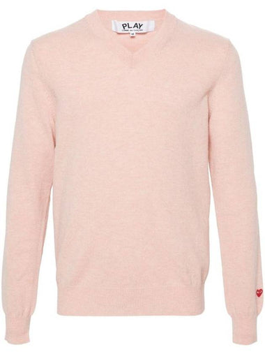 Red heart mini patch V neck wool knit top pink - COMME DES GARCONS PLAY - BALAAN 1