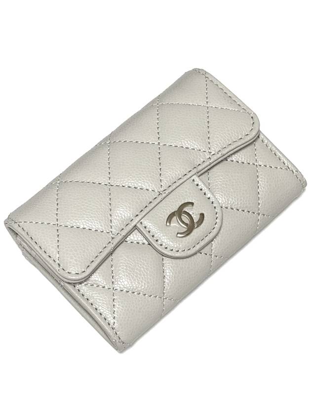 Classic Gold Logo Grained Shiny Calfskin Card Wallet Grey - CHANEL - BALAAN 5