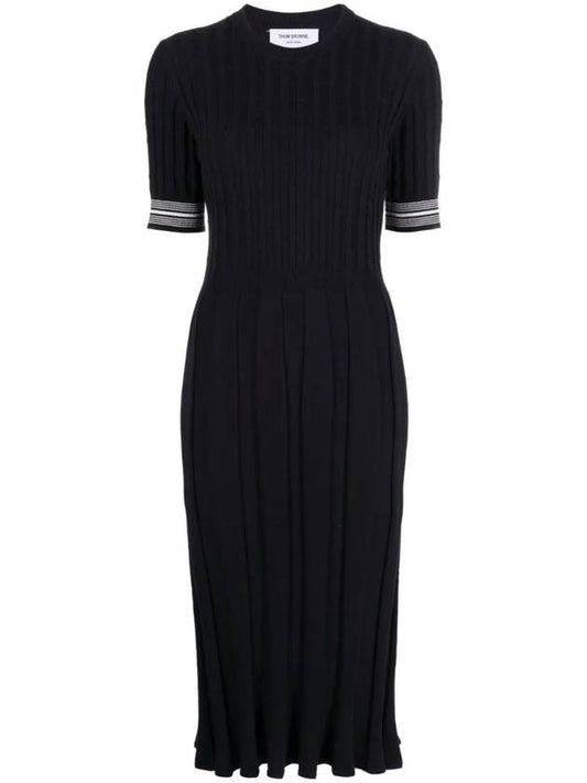 Cotton Pleated Cricket Striped Cable Midi Dress Navy - THOM BROWNE - BALAAN 1