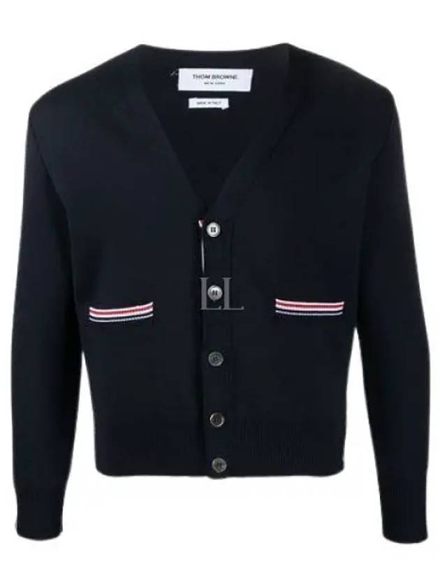 Men's Navy Side Intarsia Milano Stitch Wool Cardigan Navy - THOM BROWNE - BALAAN 2