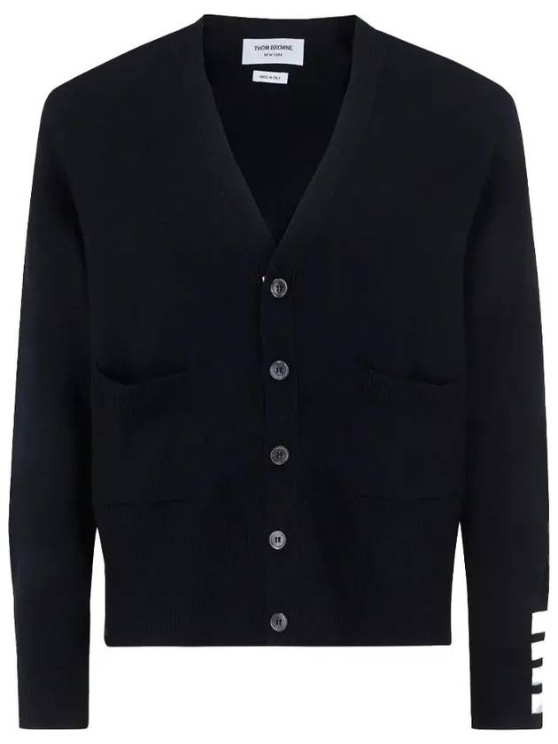 Men's Fine Merino Wool 4 Bar Cuff V-Neck Cardigan Navy - THOM BROWNE - BALAAN 2