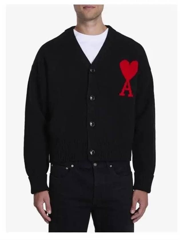 Intarsia Big Heart Logo Oversized Virgin Wool Cardigan Black - AMI - BALAAN 2