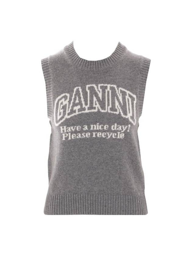 Logo Graphic Crew Neck Wool Knit Vest Grey - GANNI - BALAAN 2