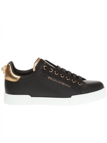 Portofino Lettering Calfskin Low Top Sneakers Black Gold - DOLCE&GABBANA - BALAAN 1