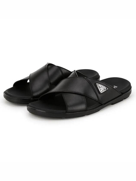 Crisscross Leather Slide Slippers Black - PRADA - BALAAN 2
