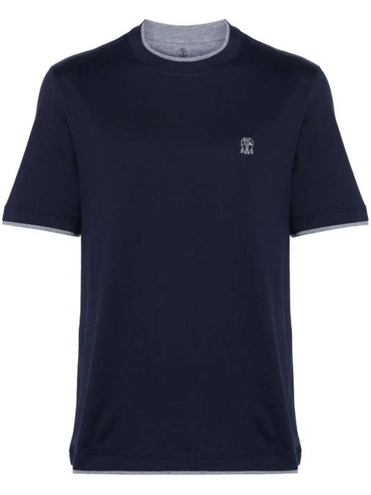 Cotton Short Sleeve T-Shirt Navy - BRUNELLO CUCINELLI - BALAAN 1