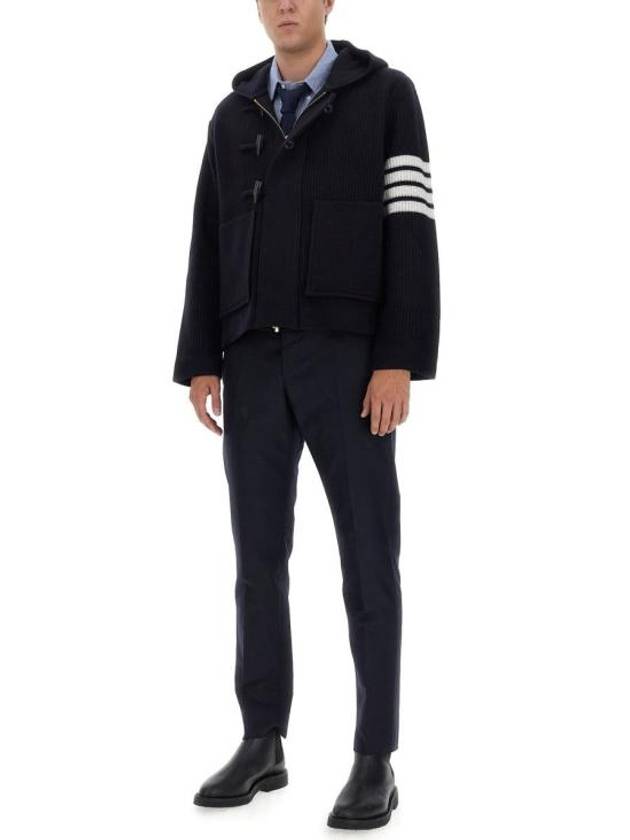 Boiled Wool Half Cardigan Stitched Hooded 4 Bar Double Jacket Navy - THOM BROWNE - BALAAN 3