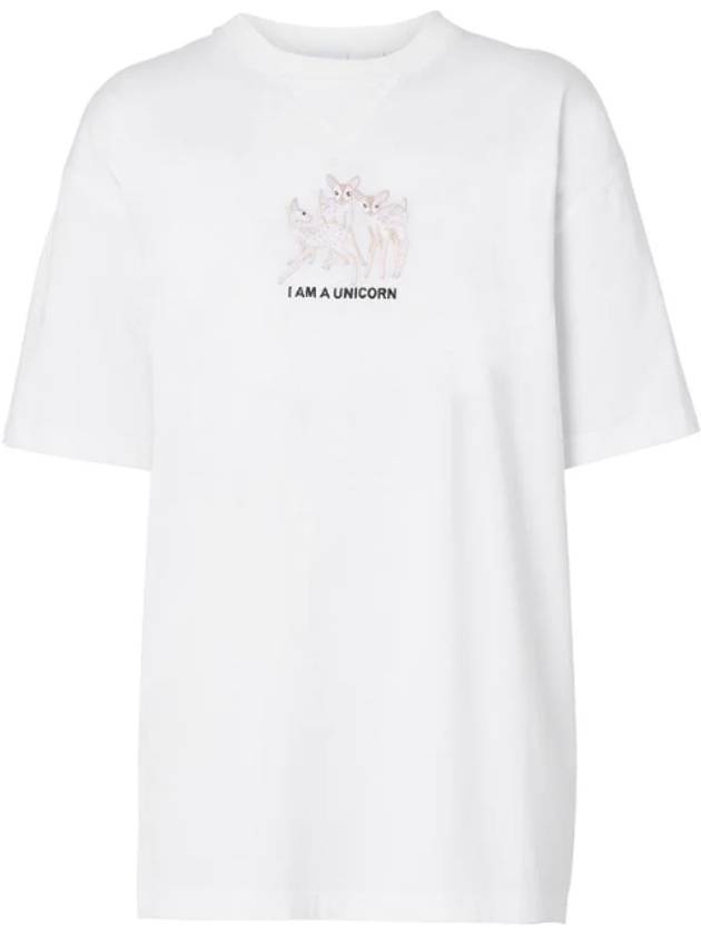 Deer Logo Embroidered Oversized Short Sleeve T-Shirt White - BURBERRY - BALAAN.